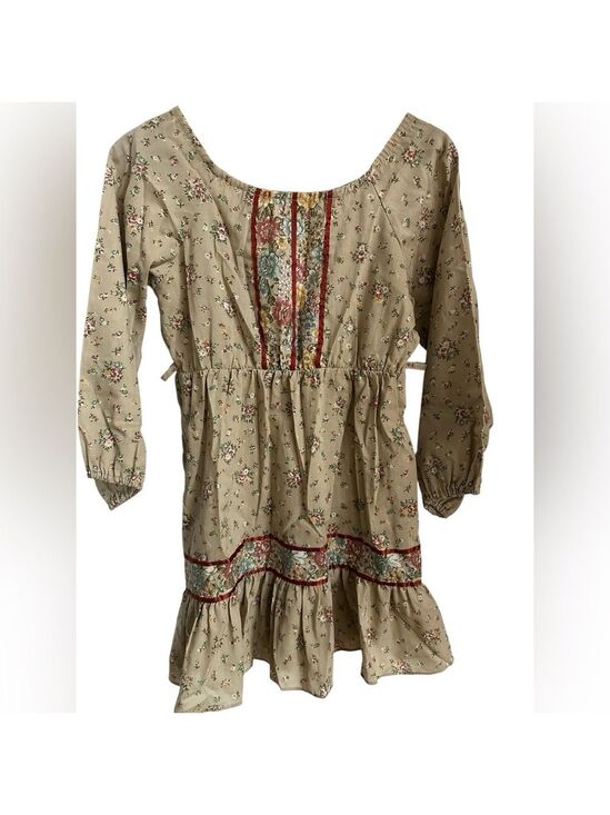 American Vintage Dresses & Skirts - Vintage 1970's Boho Mini Prairie Dress Tunic Top Cream Floral Print Sz xs /child